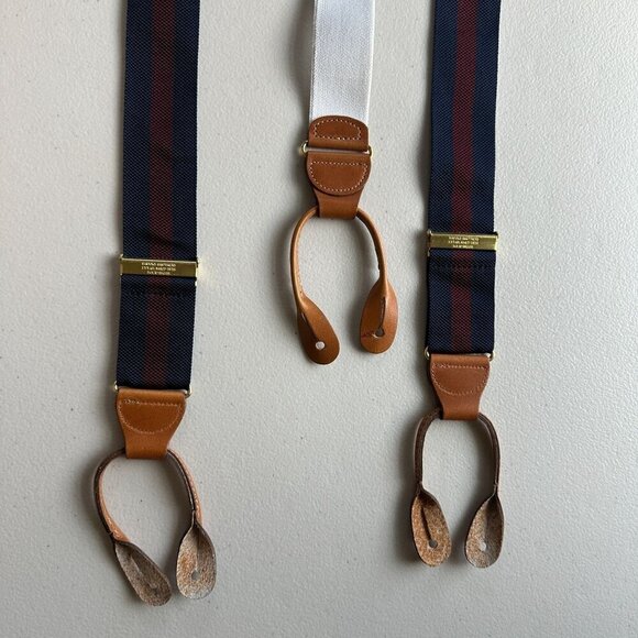 Brooks Brothers Mens Navy Maroon Stripe Adjustable Button Suspender Silk Leather - Picture 3 of 8